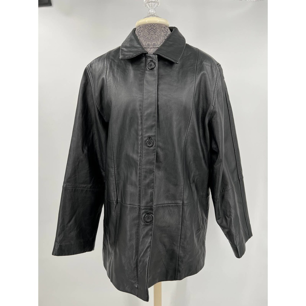 Women's Black genuine leather jacket coat size Large zipper and button enclosure